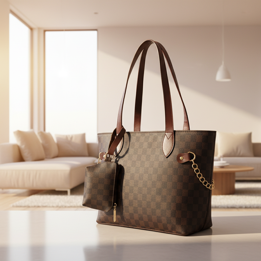 Grid Tote-Chocolate Brown