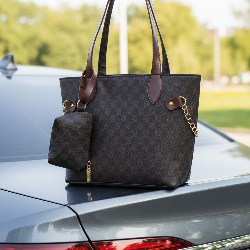 Grid Tote-Chocolate Brown