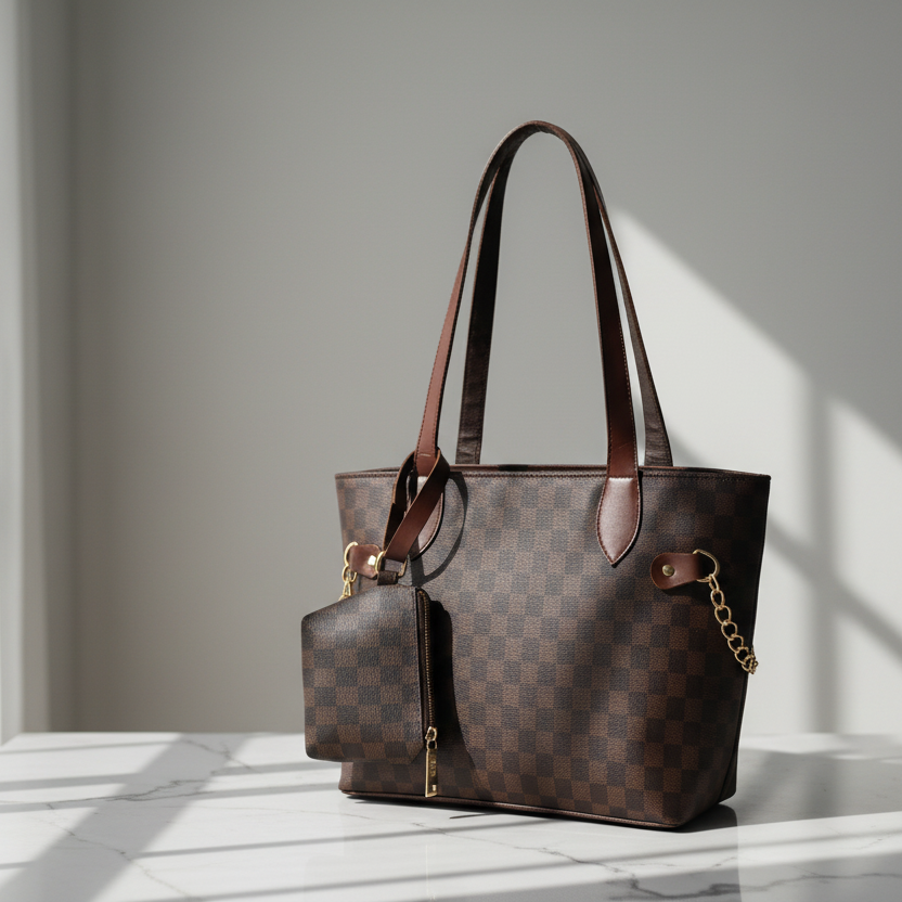 Grid Tote-Chocolate Brown